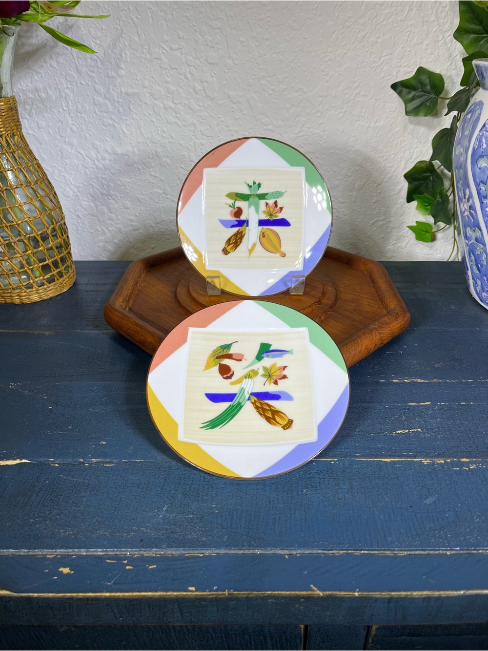 2 Vintage Noritake Japan "Shomon Fukufuku Rai" Lucky Kanji Ceramic Accent Plates